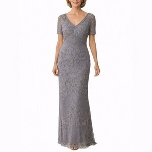 $259 Pisarro Nights Slate Gray Beaded Sequin Column Gown 6 Formal Party NEW